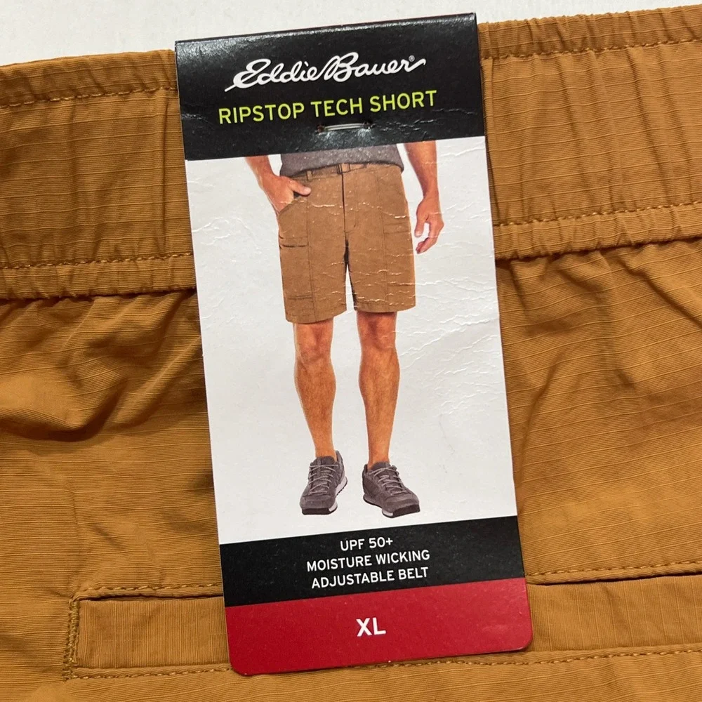 Eddie Bauer Ripstop Tech Shorts Mens XL Brown Sugar Moisture Wicking Hiking‎ NWT